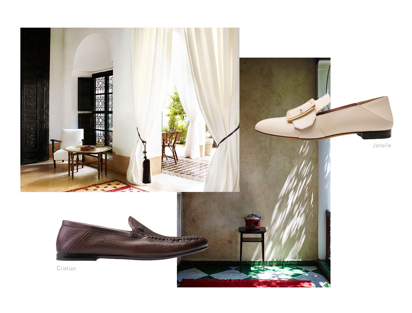 Wear the Janelle and Cristian babouche shoes to L’Hotel and around Marrakesh.